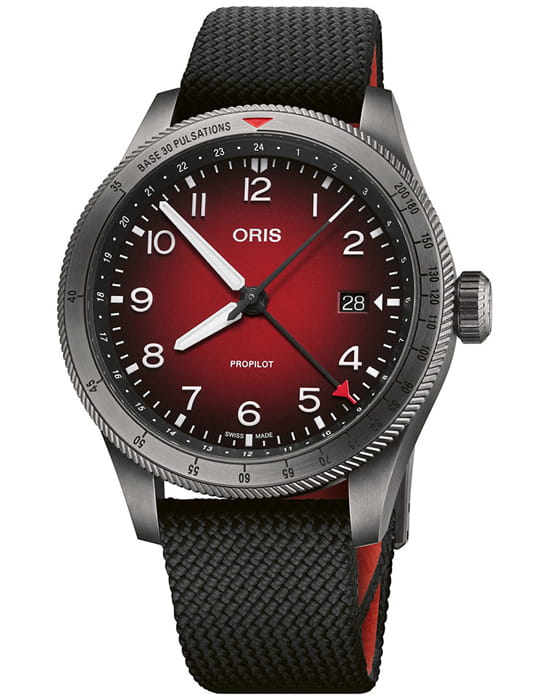 Oris Oris Propilot Gmt 01 798 7773 4268-07 3 20 14GLC  01 798 7773 4268-07 3 20 14GLC механические мужские часы красный циферблат, браслет тканевый — вид спереди